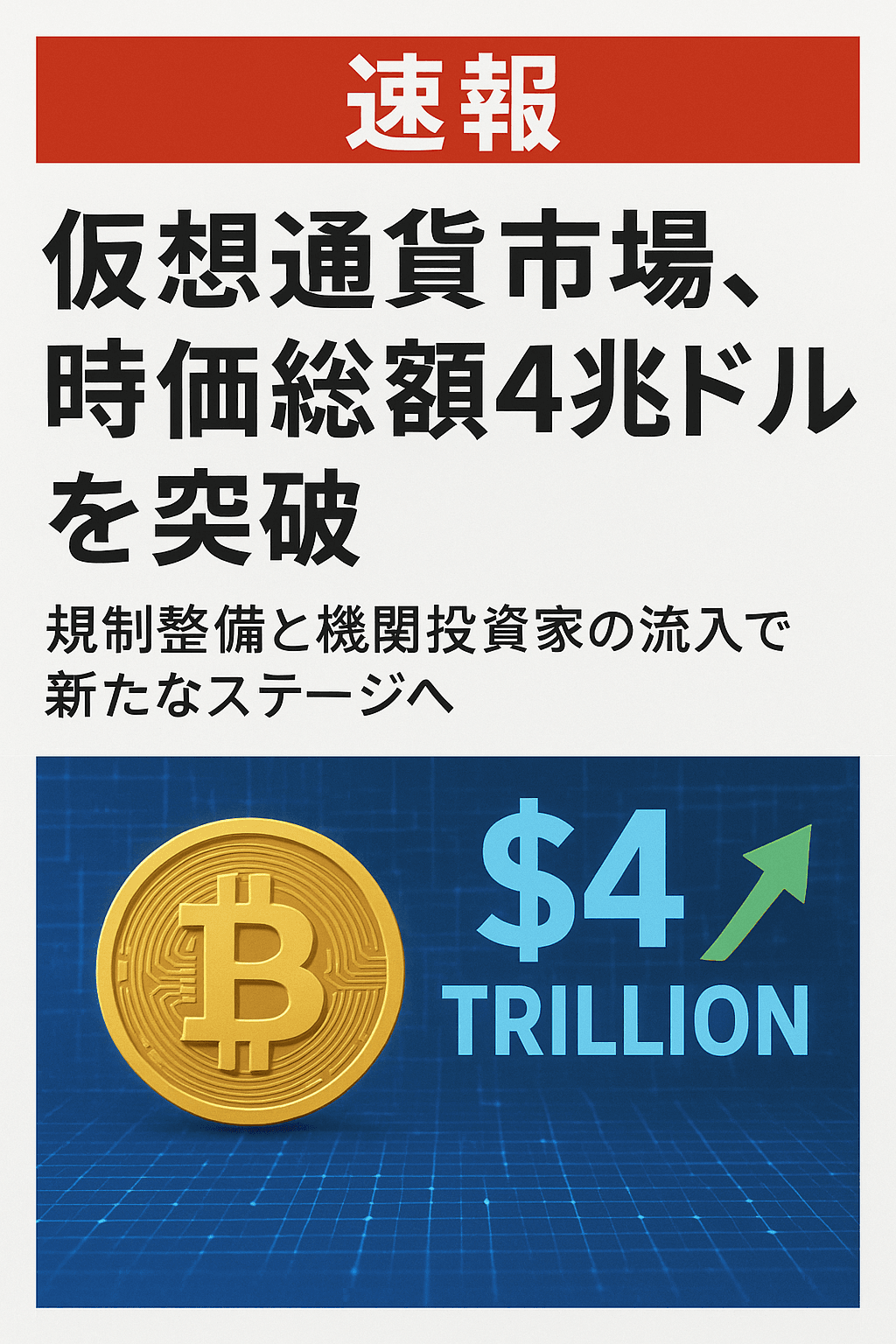 【速報】仮想通貨市場、時価総額4兆ドルを突破 ─ 規制整備と機関投資家の流入で新たなステージへ 終わり