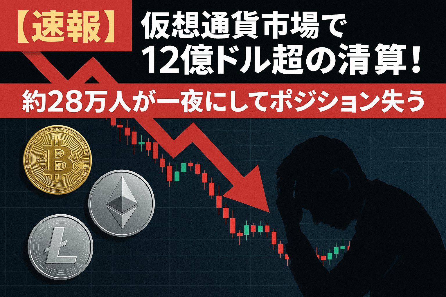 【速報】仮想通貨市場で12億ドル超の清算!約28万人が一夜にしてポジション失う