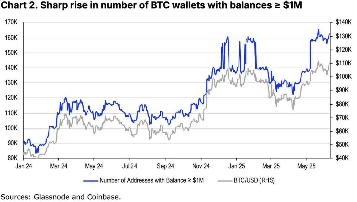 ビットコイン価格と100万ドル以上保有ウォレット数の関係性