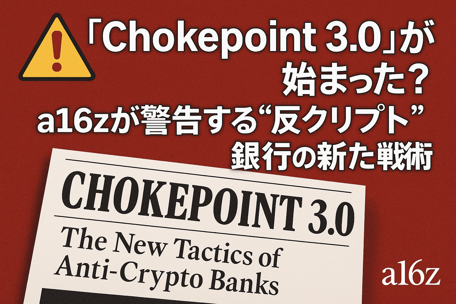 🚨「Chokepoint 3.0」が始まった？a16zが警告する“反クリプト”銀行の新たな戦術