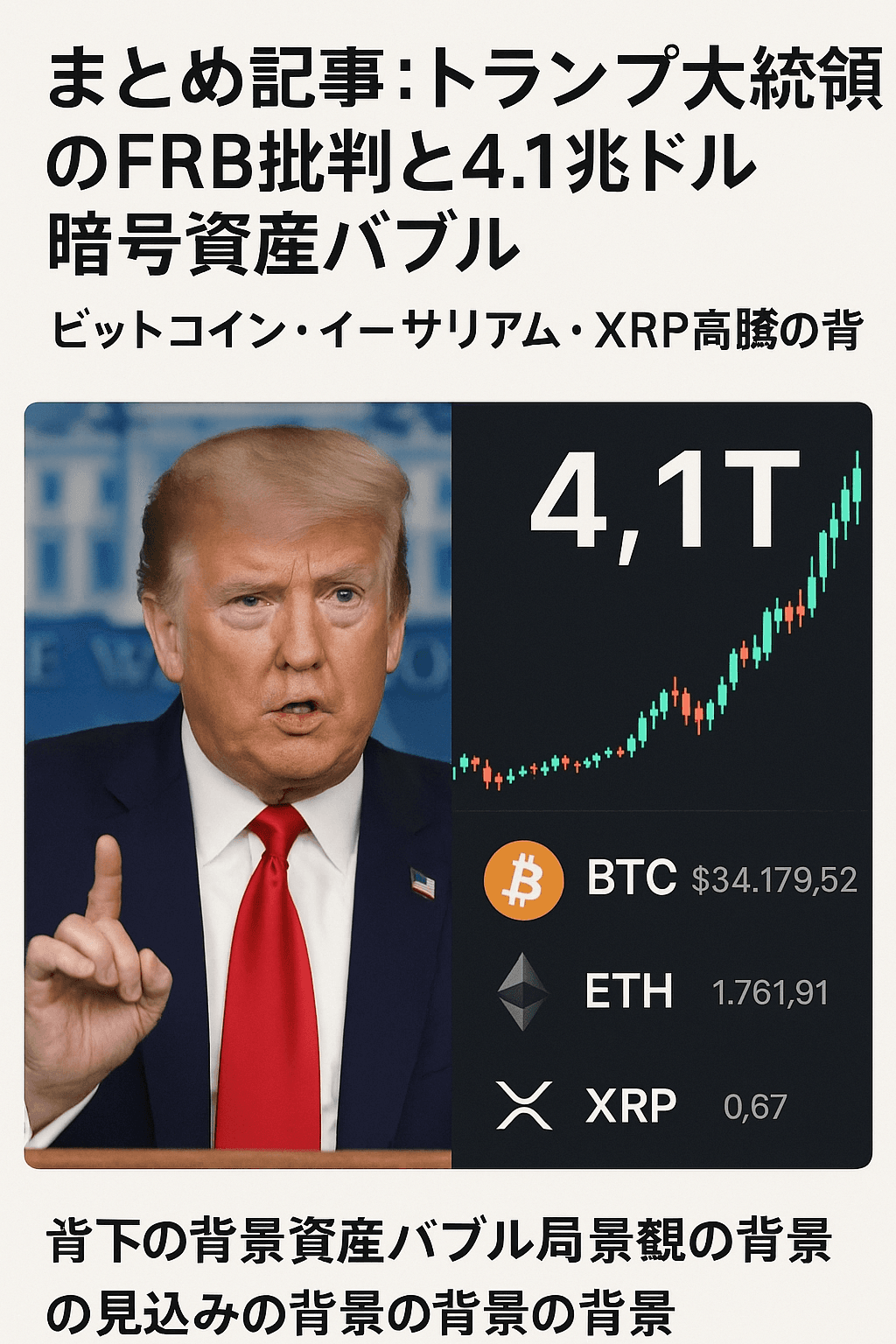 まとめ記事：トランプ大統領のFRB批判と4.1兆ドル暗号資産バブル ― ビットコイン・イーサリアム・XRP高騰の背景