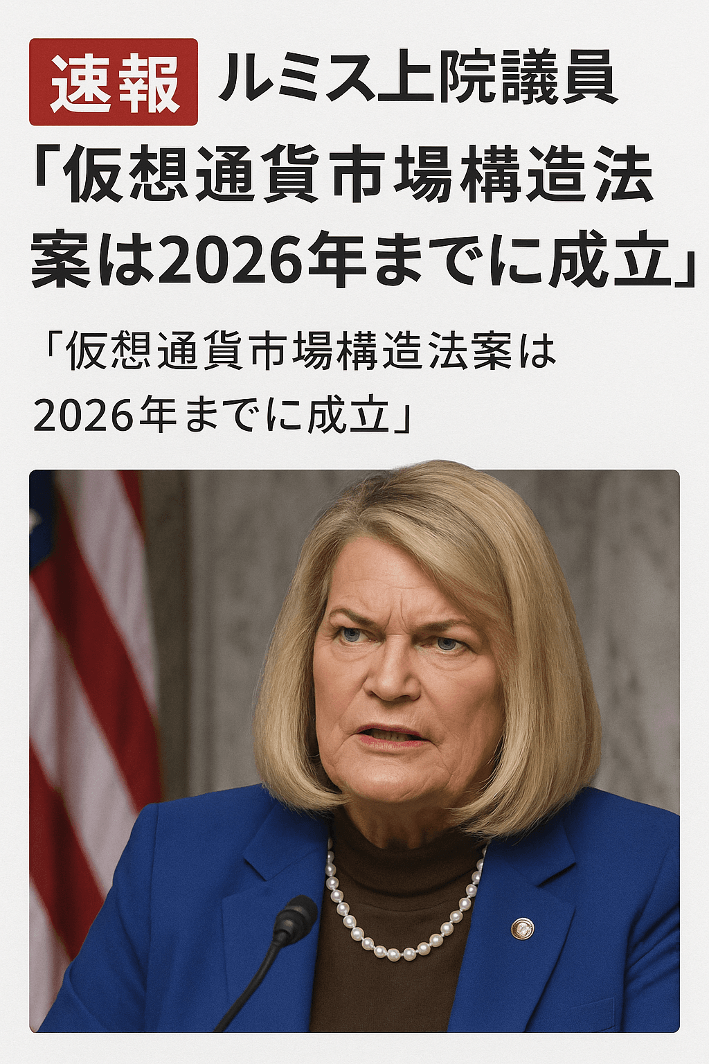 【速報】ルミス上院議員「仮想通貨市場構造法案は2026年までに成立」コンテンツ開始