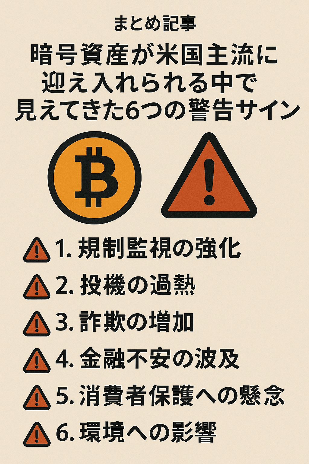 まとめ記事：暗号資産が米国主流に迎え入れられる中で見えてきた6つの警告サイン