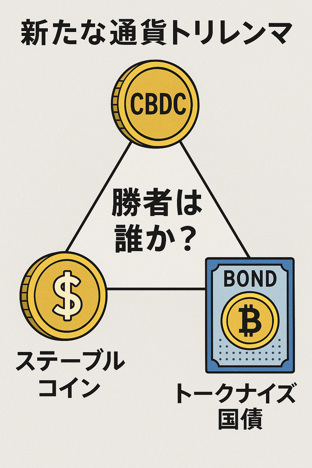 20251019_1355_通貨トリレンマの行方_simple_compose_01k7xd2kwwfj7adems0hfx2st5 新たな通貨トリレンマ:CBDC、ステーブルコイン、トークナイズ国債──勝者は誰か)