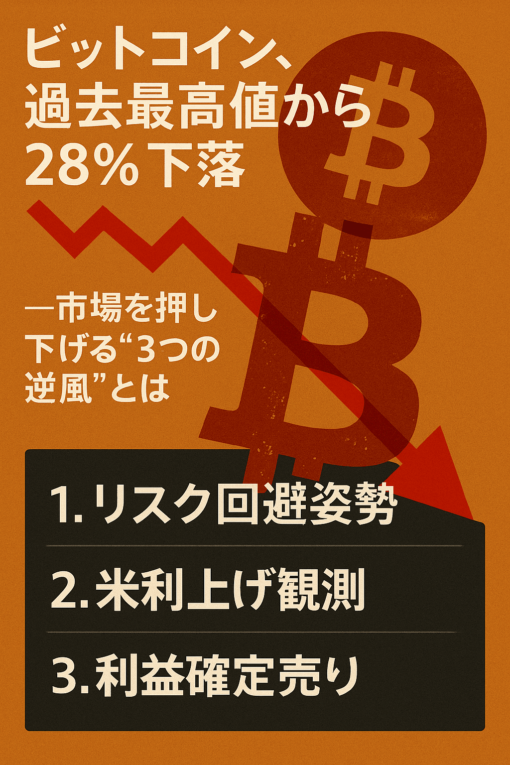 20251201_1713_ビットコイン市況逆風_simple_compose_01kbcff0vnenb9xrsdqte1wzap ビットコイン、過去最高値から28%下落──市場を押し下げる“3つの逆風”とは