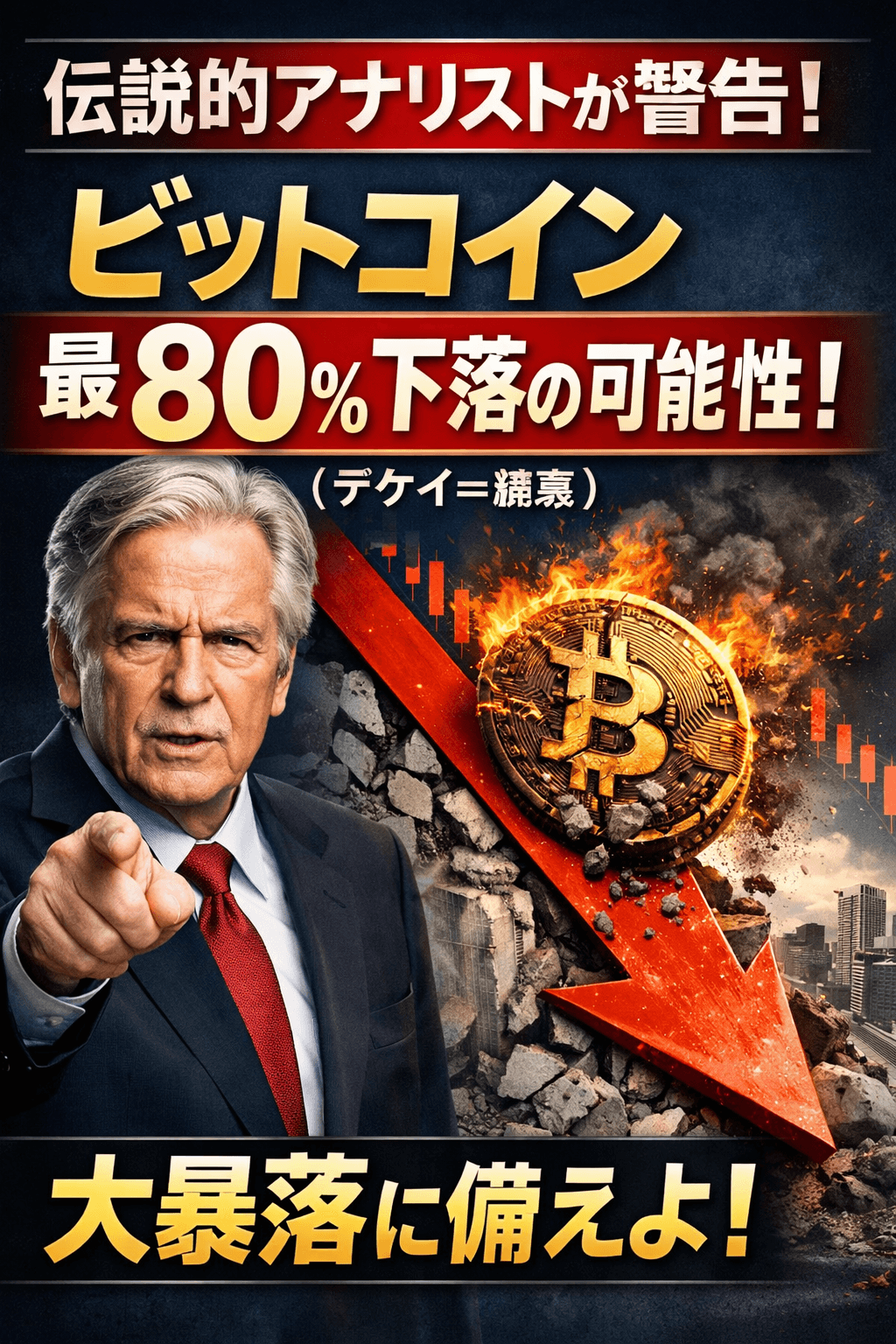 20251217_1242_ビットコイン危機警報_simple_compose_01kcn6ctj6fk6b92zynz12csa9 伝説的アナリストが警告「ビットコインは最大80%下落(デケイ=減衰)する可能性」 コンテンツ開始