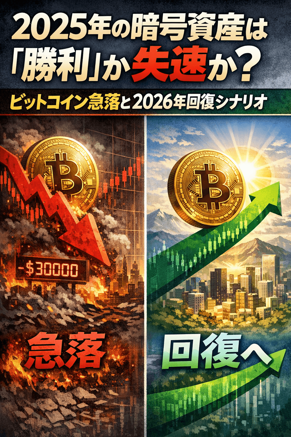 20251227_0730_暗号資産の未来_simple_compose_01kdecg72te7c98z9d6m18a33p 2025年の暗号資産は「勝利」か失速か?ビットコイン急落と2026年回復シナリオ