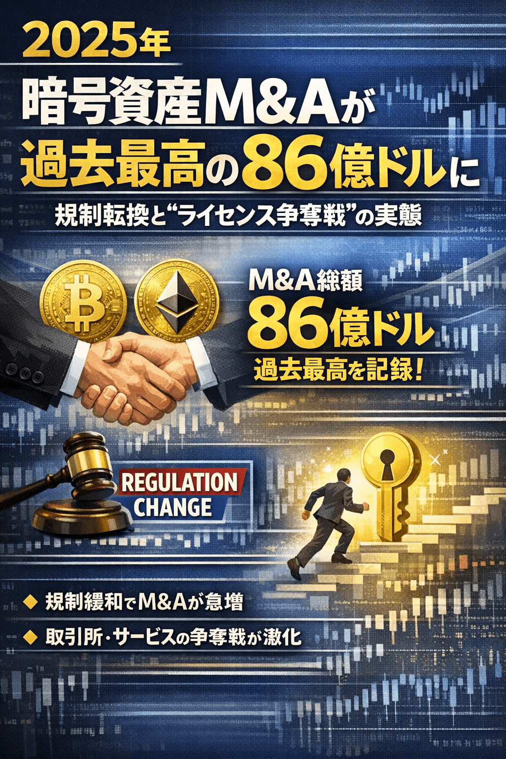 2025年、暗号資産M&Aが過去最高の86億ドルに|規制転換とライセンス争奪戦の実態