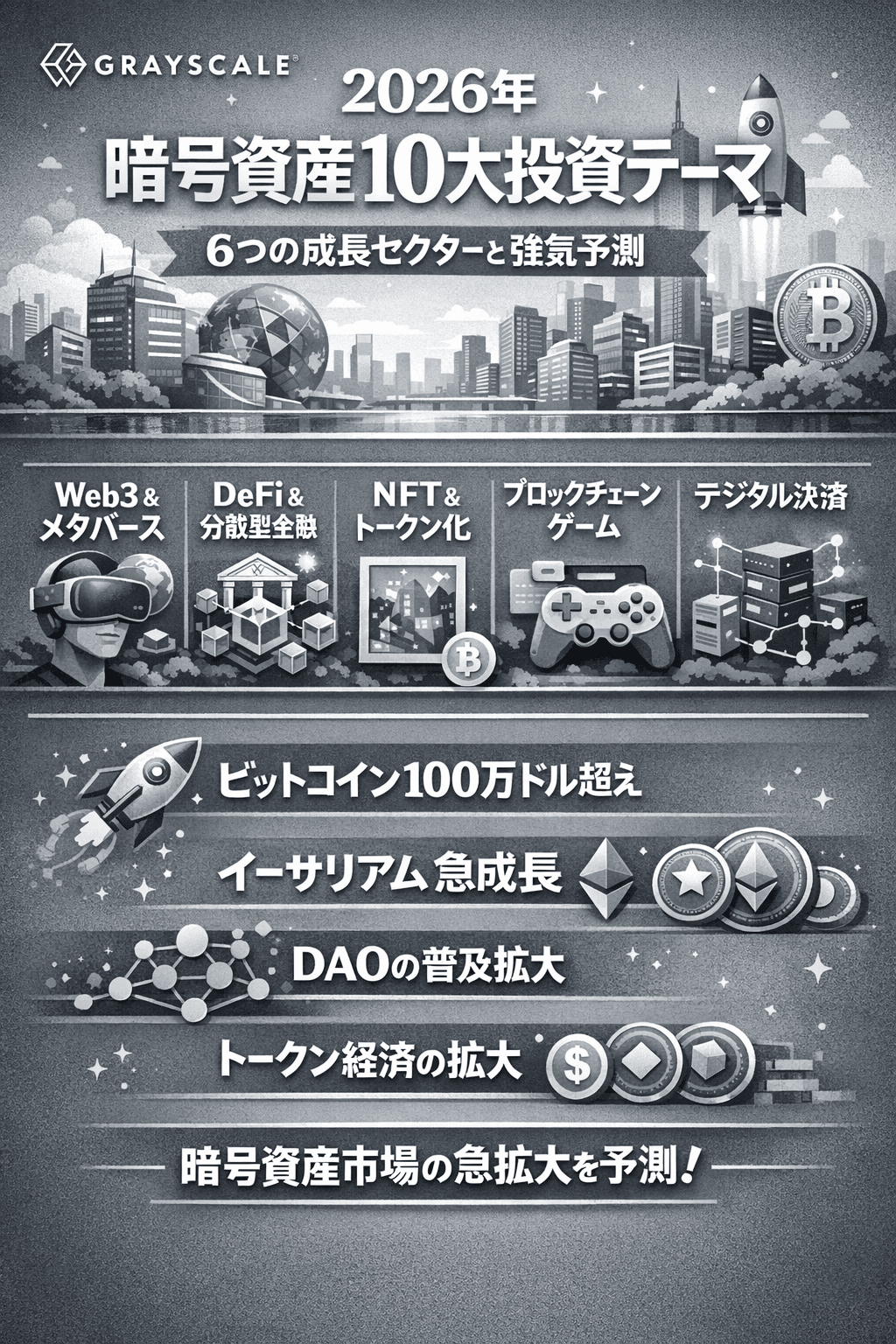 Grayscaleが示す2026年暗号資産10大投資テーマ|6つの成長セクターと強気予測