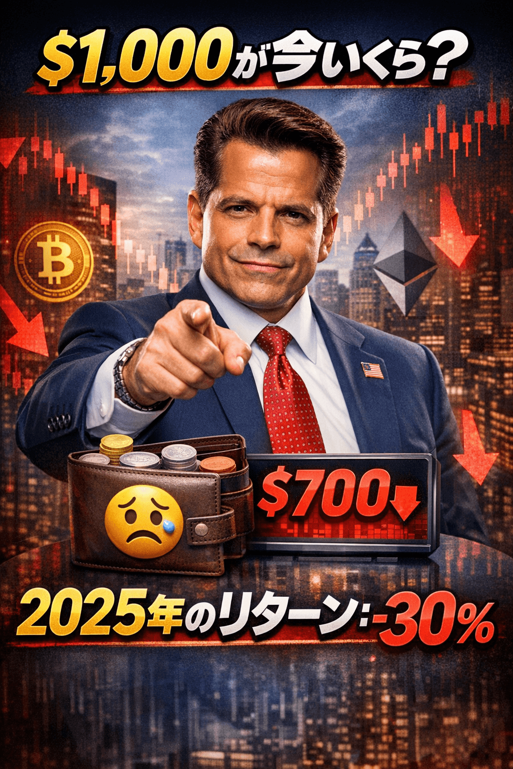 20251227_0817_2025年暗号資産損失_simple_compose_01kdef5b9zfahsxbz1ncm5ba1z スカラムーチ流暗号資産ポートフォリオを2025年に組んだ結果|1,000ドルは今いくら? コンテンツ開始
