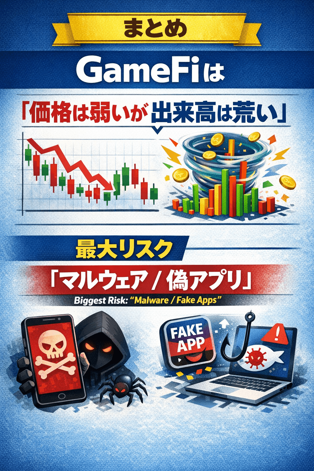 まとめ：GameFiは「価格は弱いが出来高は荒い」＋最大リスクは「マルウェア/偽アプリ」