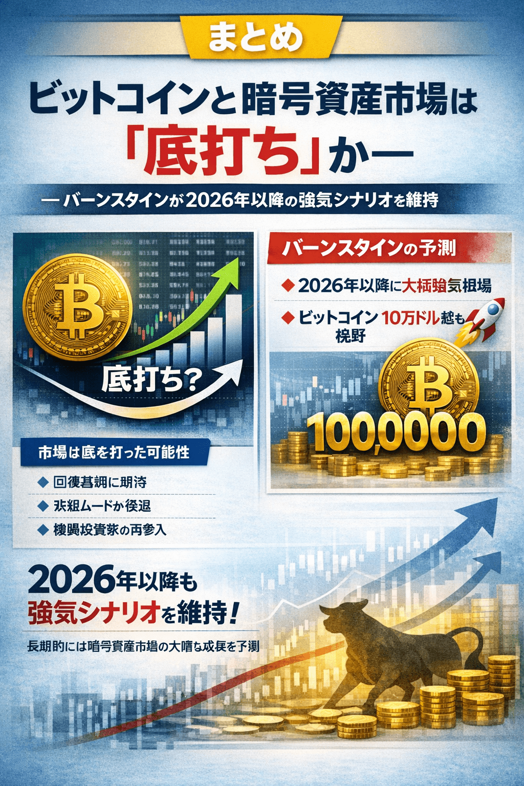 📌 まとめ：ビットコインと暗号資産市場は「底打ち」か― バーンスタインが2026年以降の強気シナリオを維持