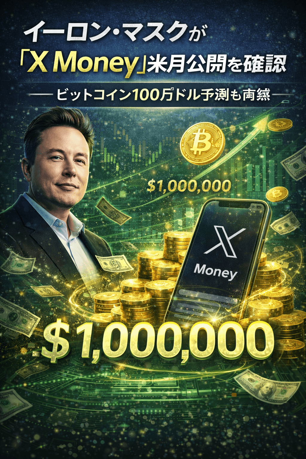 ChatGPT Image 2026年3月13日 15_36_50 イーロン・マスクが「X Money」来月公開を確認――ビットコイン100万ドル予測も再燃