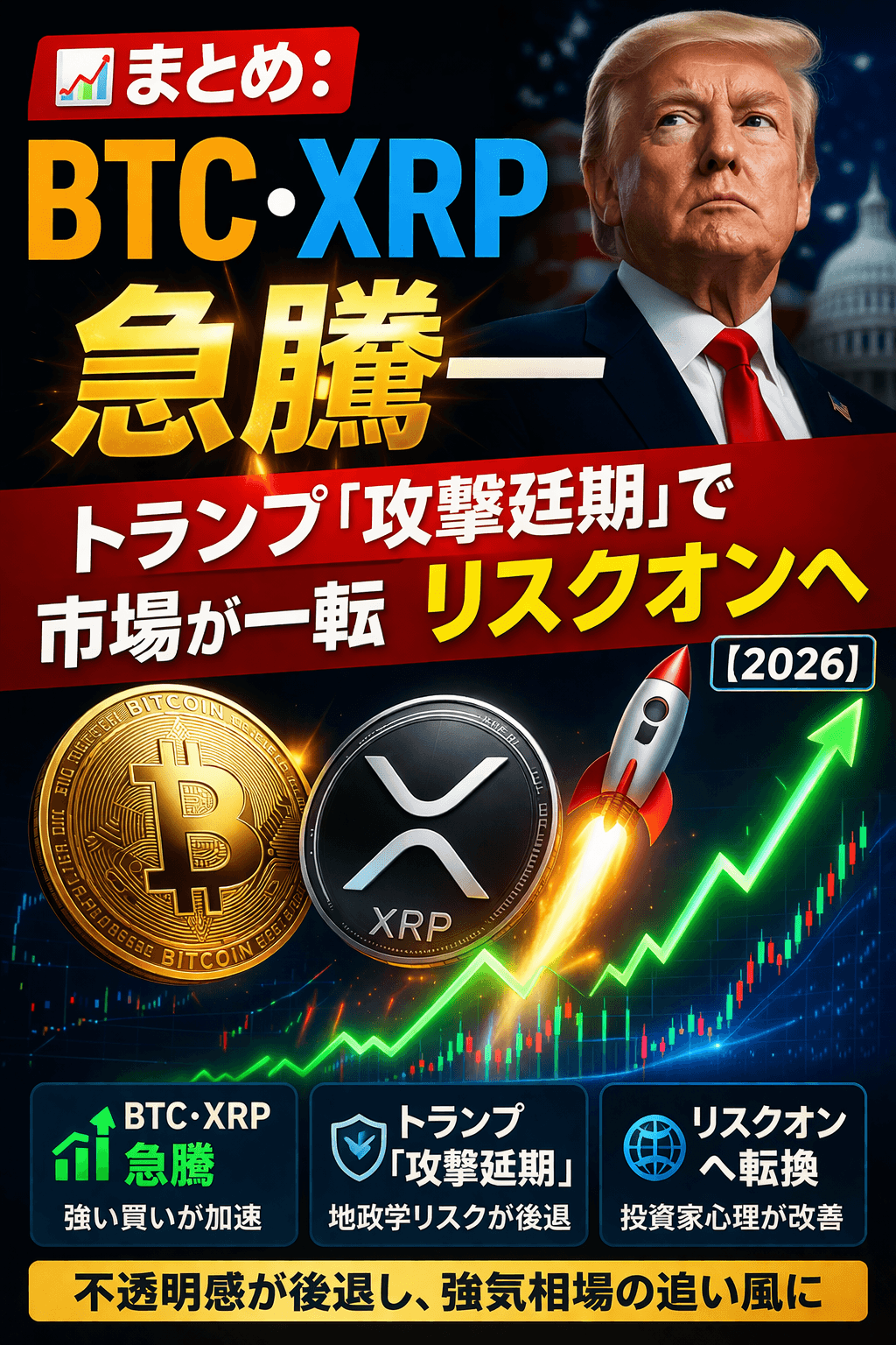📈まとめ:BTC・XRP急騰──トランプ「攻撃延期」で市場が一転リスクオンへ【2026】