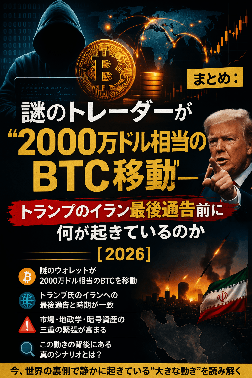 ⚠️まとめ:謎のトレーダーが“2000万ドル相当のBTC移動”──トランプのイラン最後通告前に何が起きているのか【2026】