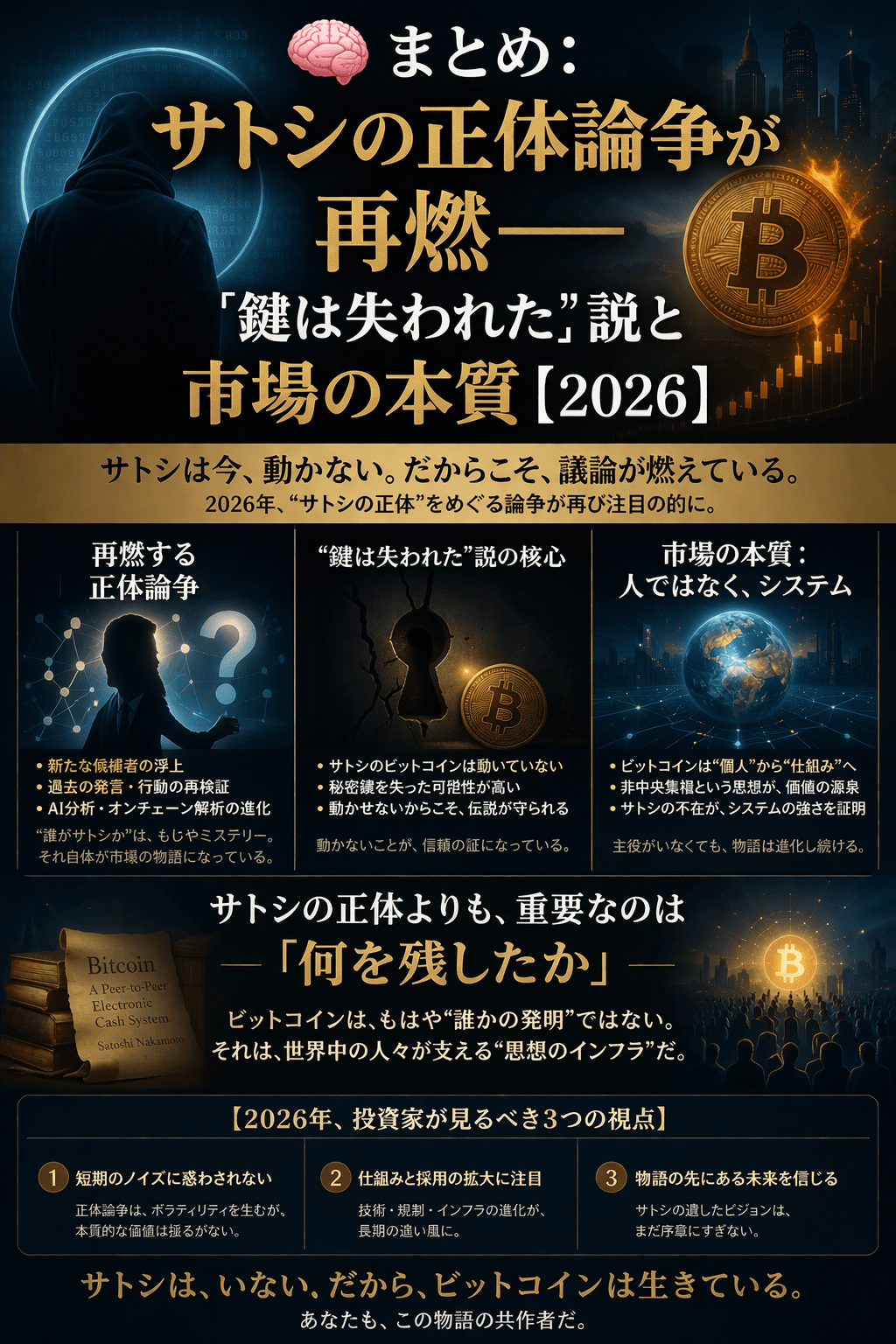 🧠まとめ:サトシの正体論争が再燃──“鍵は失われた”説と市場の本質【2026】