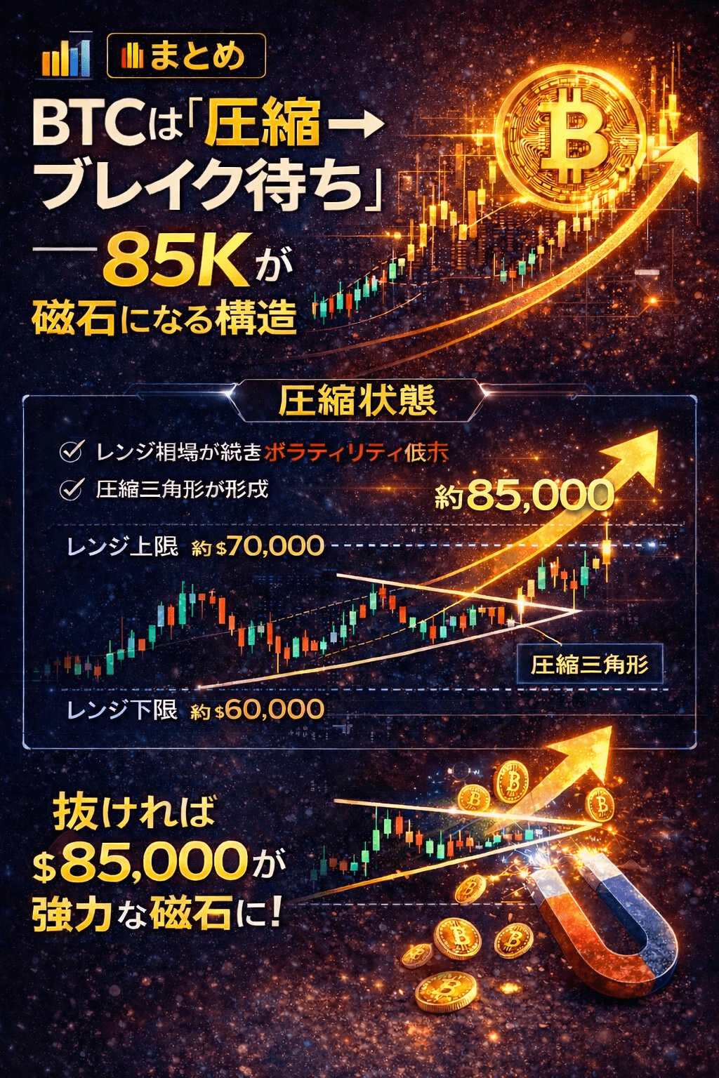 ツイートから学ぶ📊まとめ:BTCは「圧縮→ブレイク待ち」──85Kが磁石になる構造