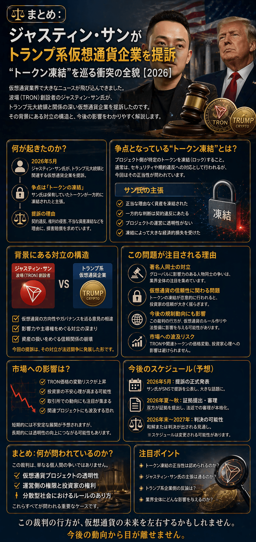 ⚖️まとめ:ジャスティン・サンがトランプ系仮想通貨企業を提訴──“トークン凍結”を巡る衝突の全貌【2026】