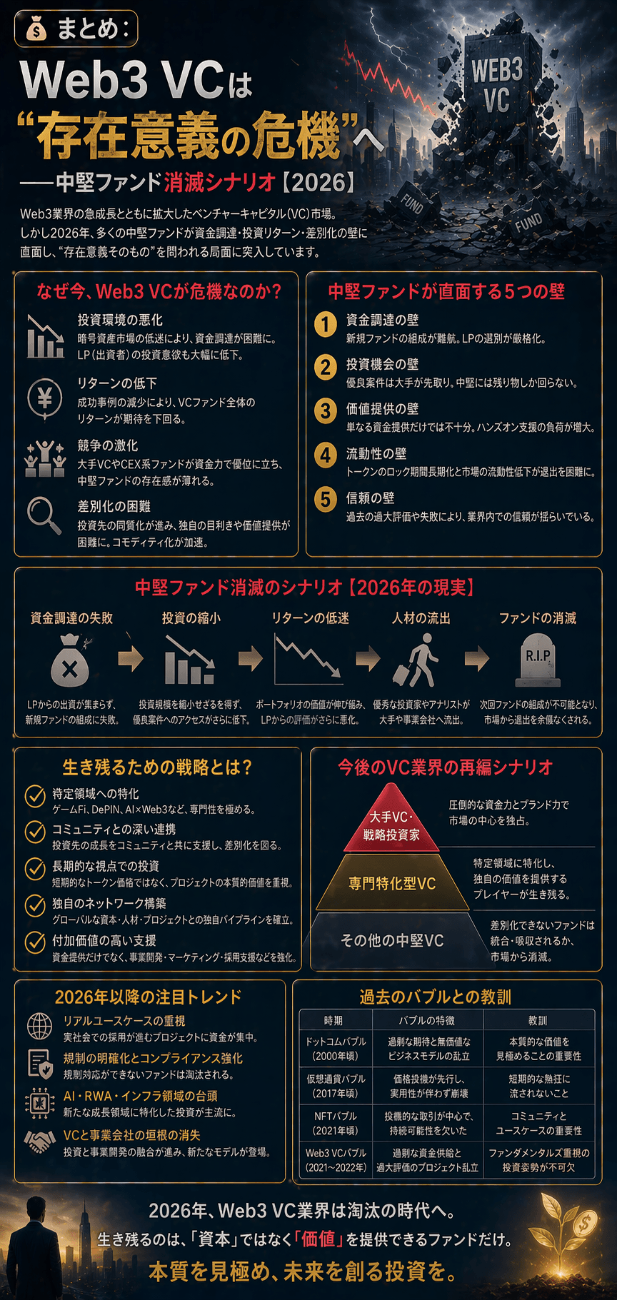 💰まとめ:Web3 VCは“存在意義の危機”へ──中堅ファンド消滅シナリオ【2026】 Web3(暗号資産)領域のベンチャーキャピタル(VC)は今、単なる不況ではなく“構造的な崩壊”に直面しています。 2026年現在、その本質はシンプルです: