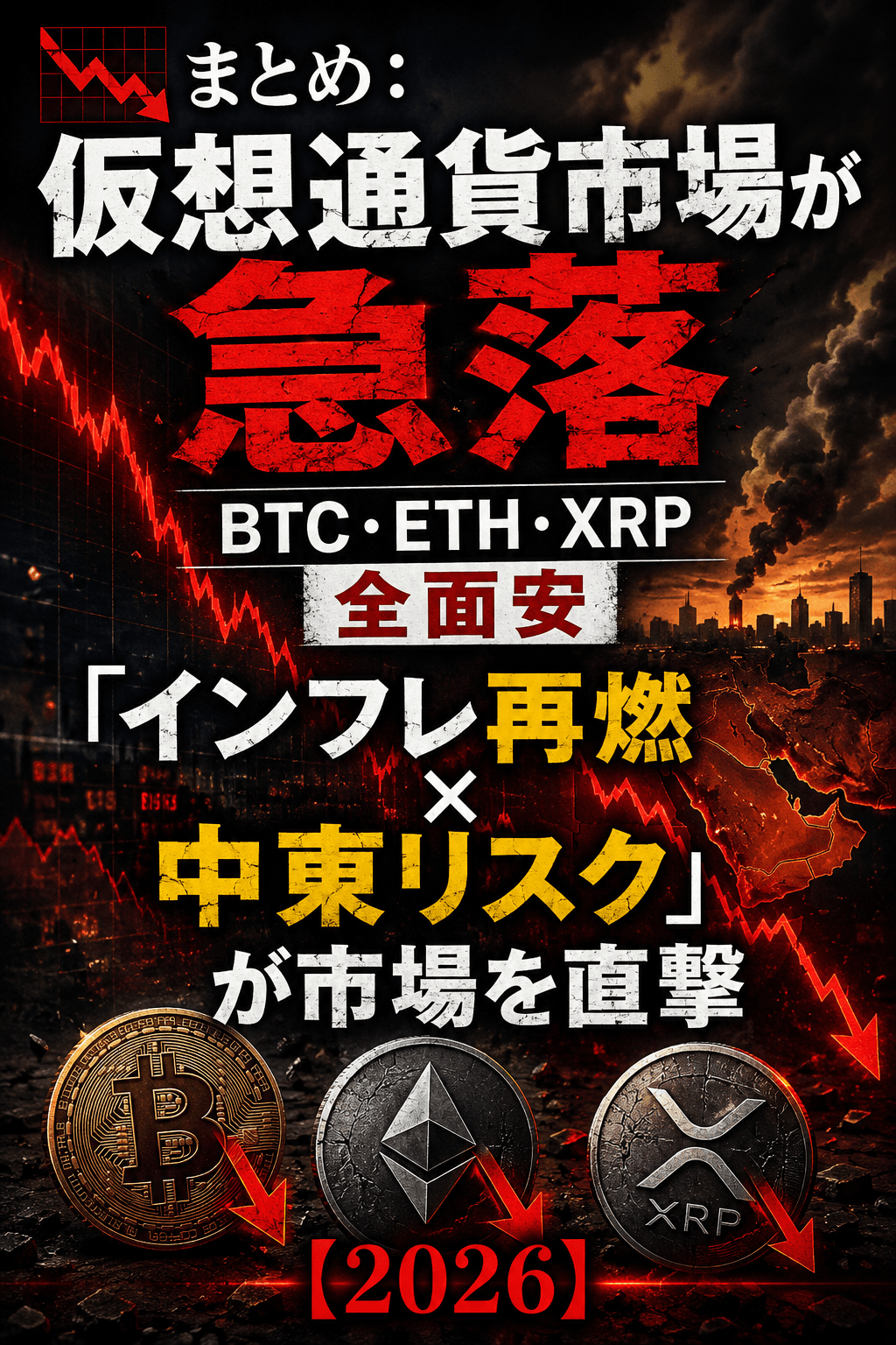 📉まとめ:仮想通貨市場が急落──BTC・ETH・XRP全面安、「インフレ再燃×中東リスク」が市場を直撃【2026】