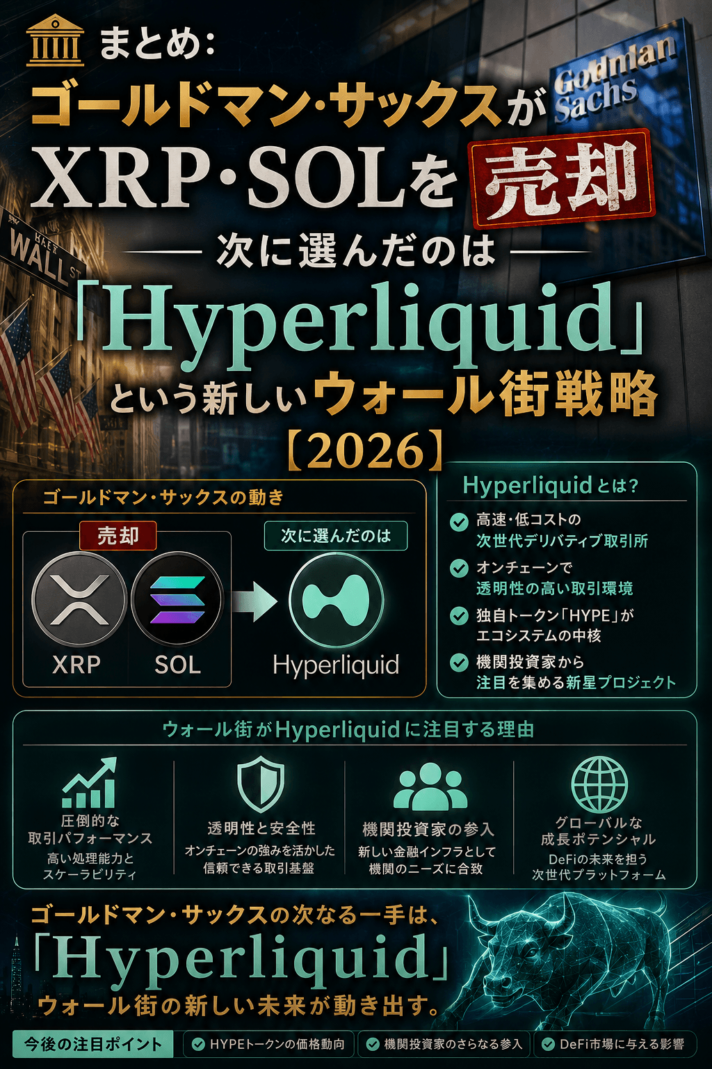 🏦まとめ:ゴールドマン・サックスがXRP・SOLを売却──次に選んだのは「Hyperliquid」という新しいウォール街戦略【2026】