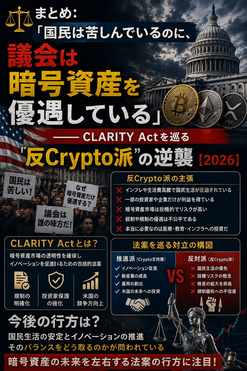 ⚖️まとめ:「国民は苦しんでいるのに、議会は暗号資産を優遇している」──CLARITY Actを巡る“反Crypto派”の逆襲【2026】