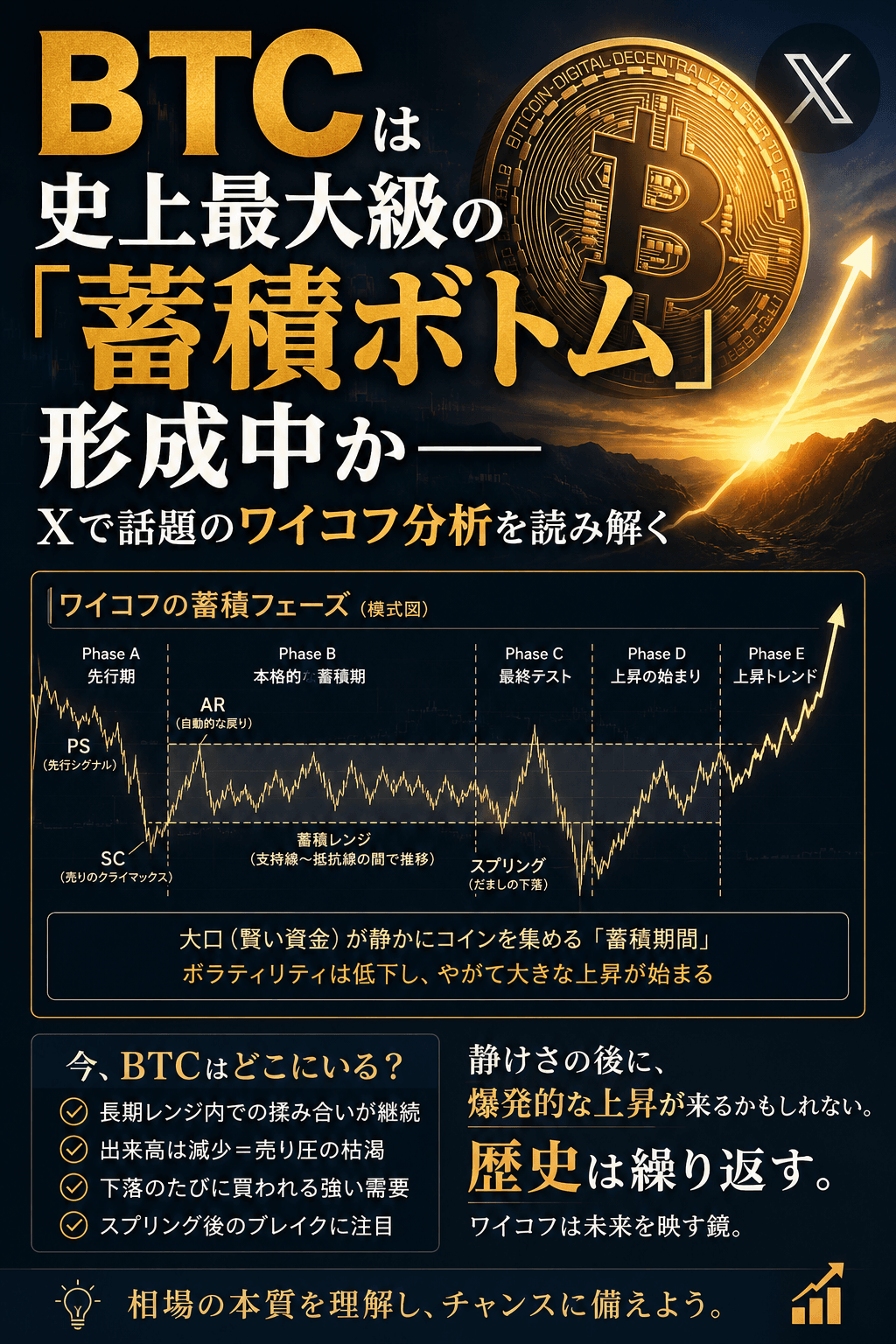 BTCは史上最大級の「蓄積ボトム」形成中か──Xで話題のワイコフ分析を読み解く