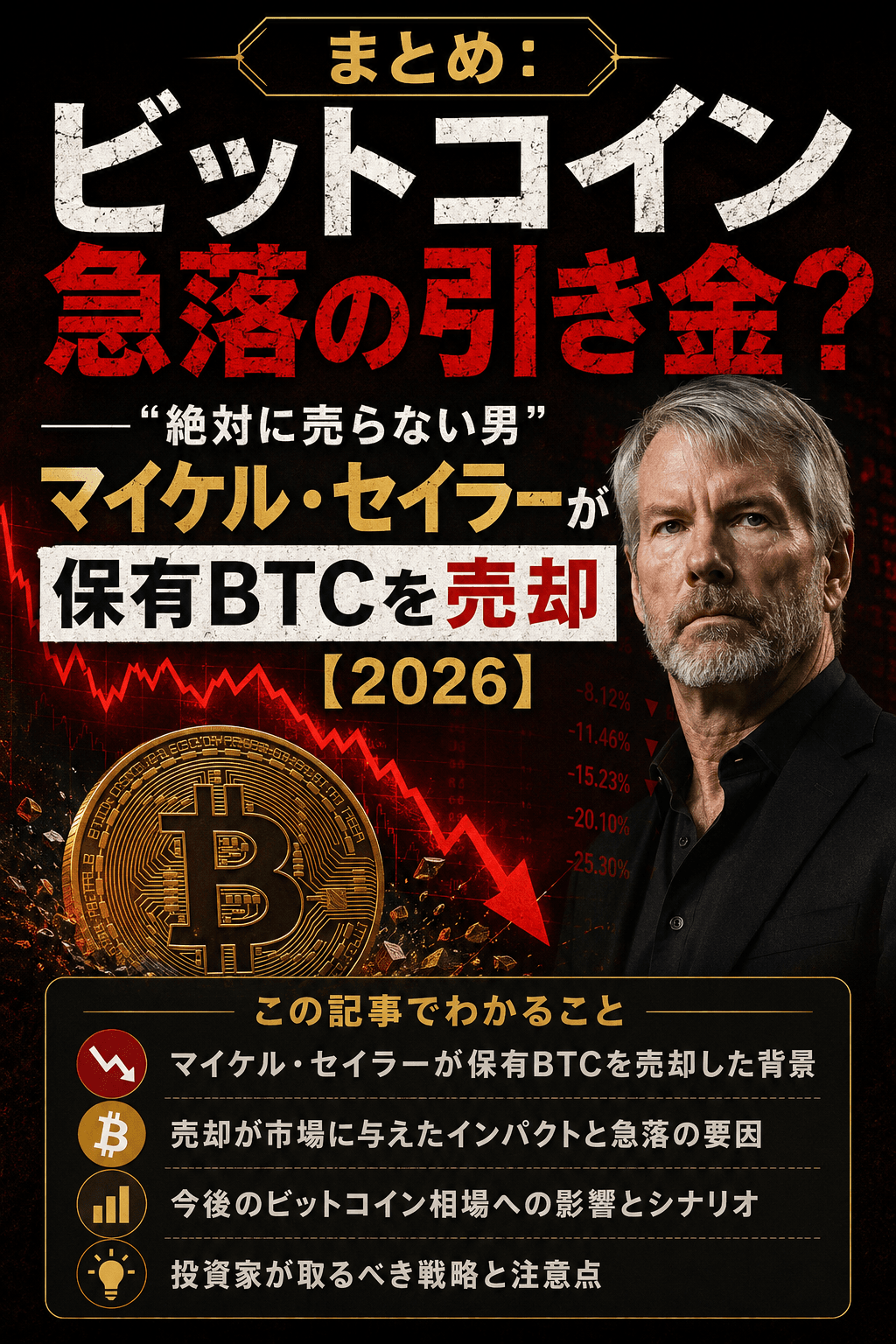 まとめ:ビットコイン急落の引き金?──“絶対に売らない男”マイケル・セイラーが保有BTCを売却【2026】