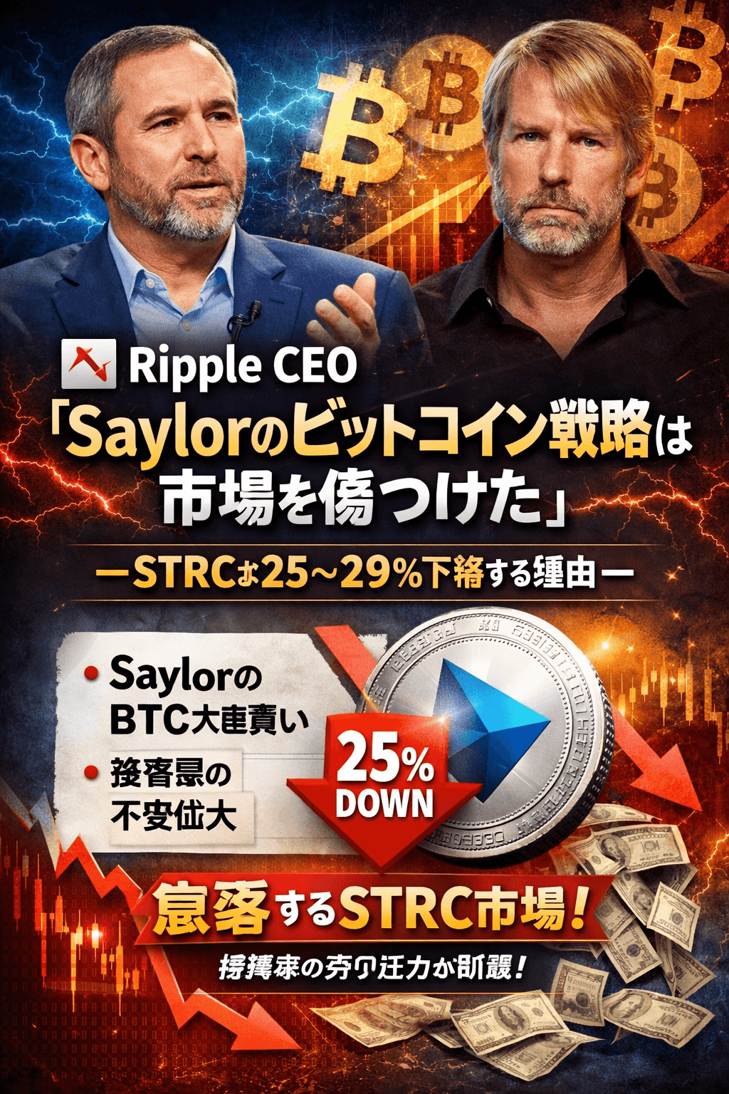 📉 Ripple CEO「Saylorのビットコイン戦略は市場を傷つけた」— STRCが25〜29%下落する理由
