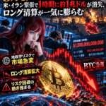 ビットコイン、8万4,000ドル台へ反落──米・イラン緊張で1時間に約1兆ドルが消失、ロング清算が一気に膨らむ