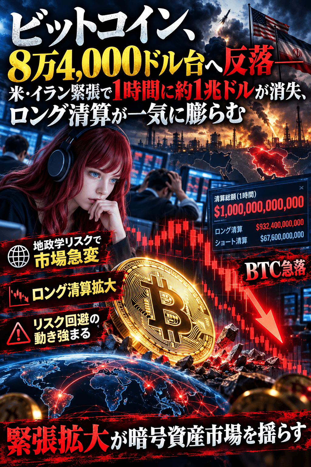 ビットコイン、8万4,000ドル台へ反落──米・イラン緊張で1時間に約1兆ドルが消失、ロング清算が一気に膨らむ