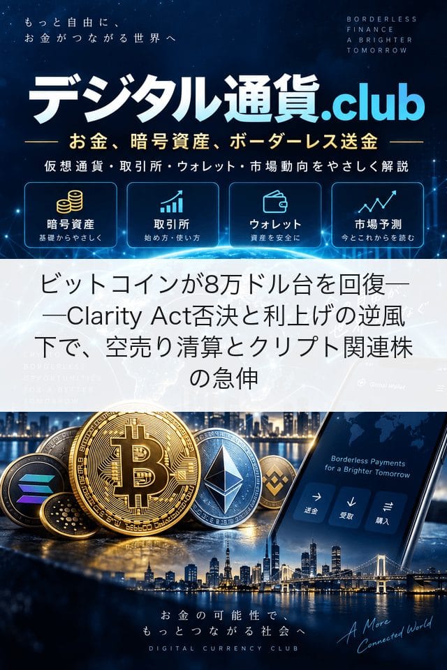ビットコインが8万ドル台を回復──Clarity Act否決と利上げの逆風下で、空売り清算とクリプト関連株の急伸