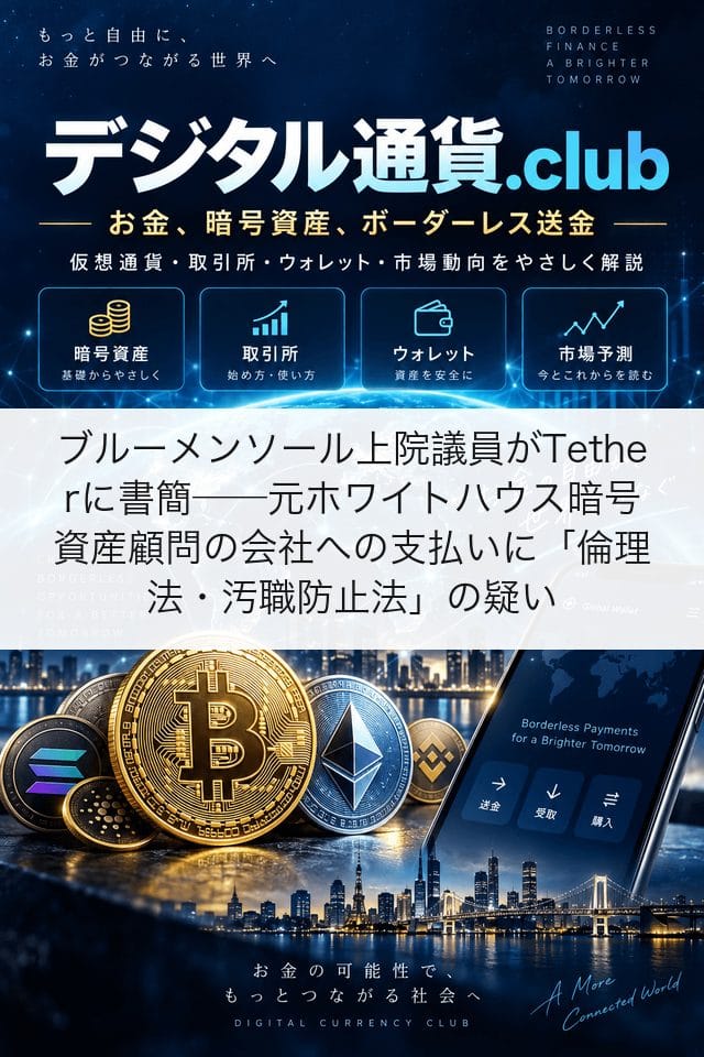ブルーメンソール上院議員がTetherに書簡──元ホワイトハウス暗号資産顧問の会社への支払いに「倫理法・汚職防止法」の疑い