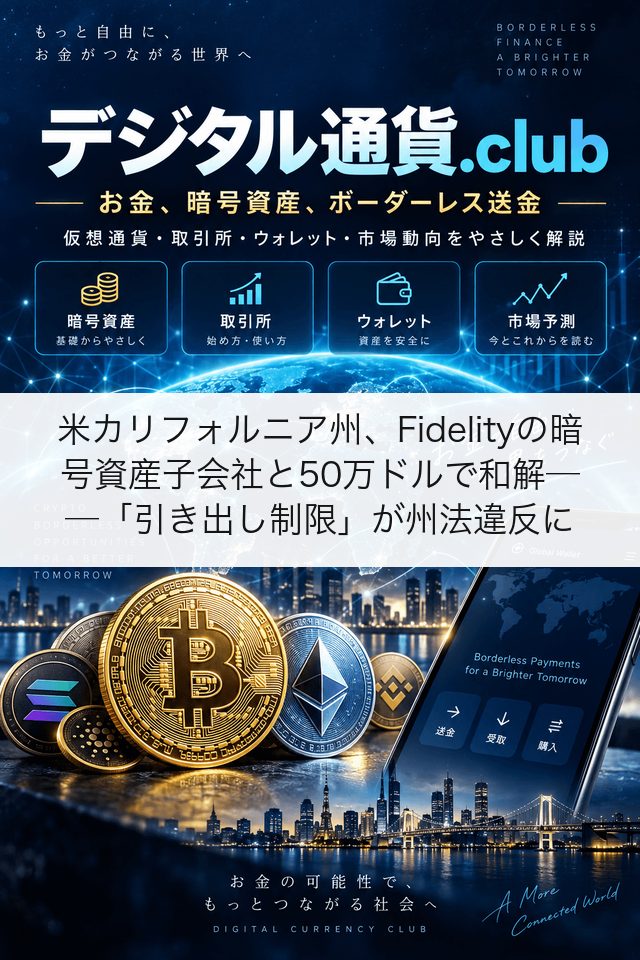 米カリフォルニア州、Fidelityの暗号資産子会社と50万ドルで和解──「引き出し制限」が州法違反に