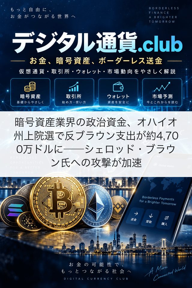 暗号資産業界の政治資金、オハイオ州上院選で反ブラウン支出が約4,700万ドルに──シェロッド・ブラウン氏への攻撃が加速