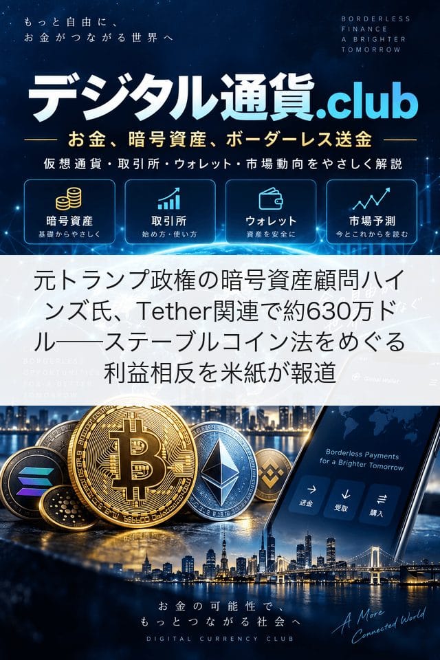 元トランプ政権の暗号資産顧問ハインズ氏、Tether関連で約630万ドル──ステーブルコイン法をめぐる利益相反を米紙が報道