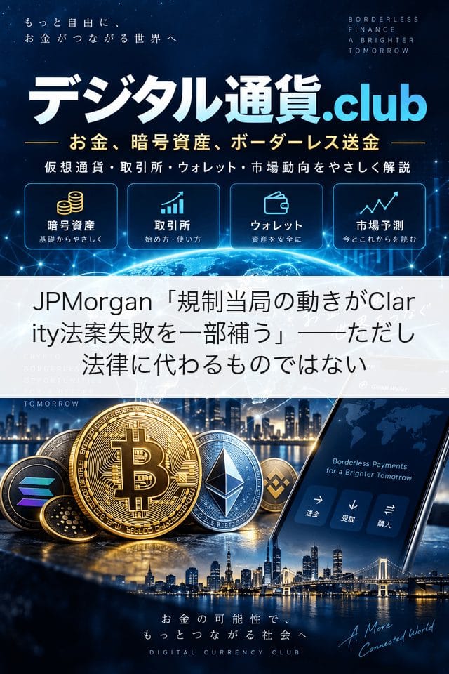 JPMorgan「規制当局の動きがClarity法案失敗を一部補う」──ただし法律に代わるものではない